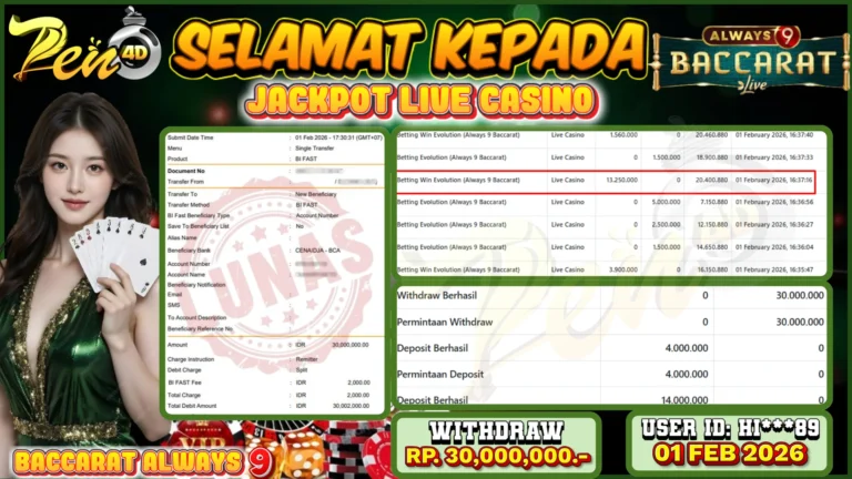 PEN4D $ Kemenangan Jackpot dan Bukti Pembayaran Withdraw Hari Ini 01 – FEBRUARY – 2026